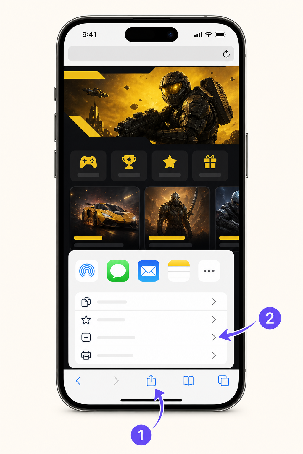 На iPhone: нажмите Поделиться в Safari и добавьте YellowClub на экран Домой